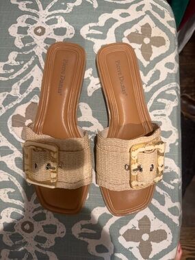 Pierre Dumas Tan Raffia Slide Sandals with Buckle Accent